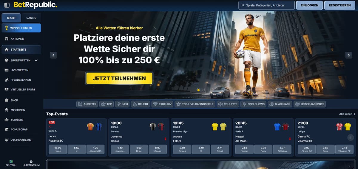Für Fans von Sportwetten Österreich ist Betrepublic eine absolute Top-Adresse. Die Plattform kombiniert einen lukrativen Sportbonus mit einem innovativen Bet-Builder-Stakeback, das vor allem für Tipper mit einer gezielten Wettstrategie einen echten Mehrwert bietet.