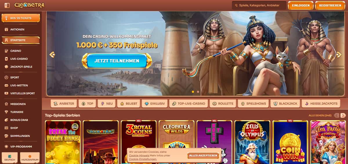 Cleobetra fungiert als vollständige All-in-One-Lösung für Sportwetten Österreich. Unter einem einzigen Dach finden Tipper ein riesiges Sportsbook, das von eSports über Virtual Sports bis hin zu packenden Live-Wetten alles abdeckt, was das Herz begehrt.